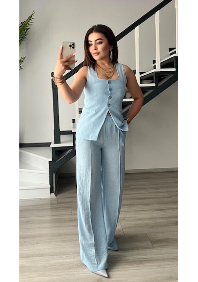 Bebe Mavi Kare Yaka Bağlama Detaylı Yelek - Pantolon Takım Bebe Mavi