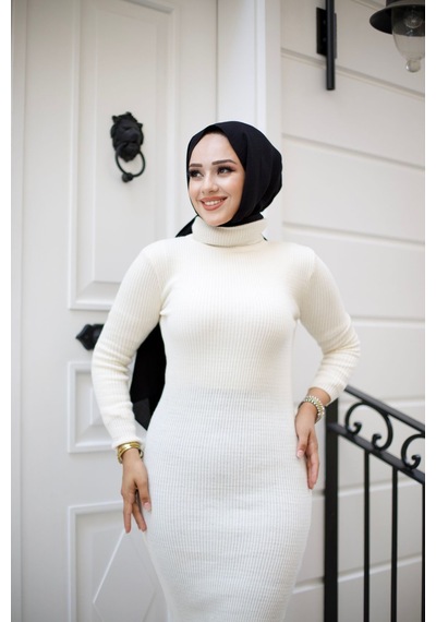 Hira Life Fashion Kadın Elbise Tesettür Giyim Balıkçı Yaka Ve Dar Kesim Triko Kalem Elbise Krem Krem