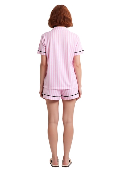Ersefa Kadın Gömlek Şortlu Çizgili Pijama Takımı Fonksiyonel Dayanıklı K Pembe