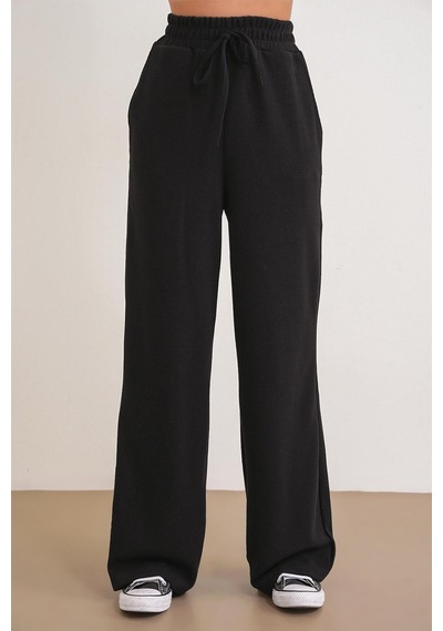 Mixray 4757 Kadın Lastikli Bol Paça Örme Dökümlü Selanik Pantalon Siyah Siyah