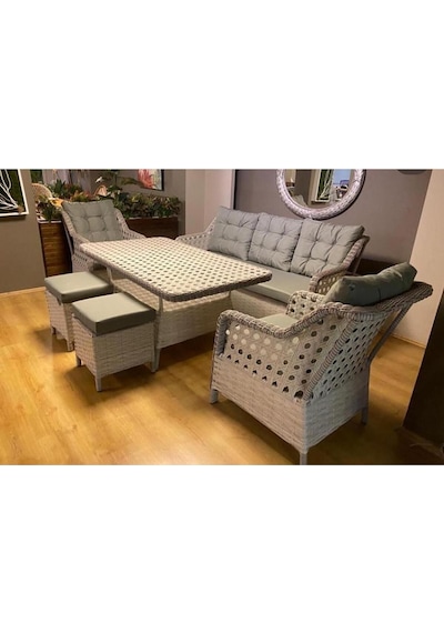 Kalyonhome Garden Marsilya Rattan Bahçe Balkon Mobilyası 3+1+1+2puf Ve Masa Gri