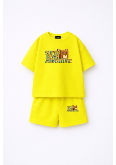 Fasardi Super Bear Adventure Süper Ayı Baskılı Oversize %100 Pamuk Tişört Şort 2li Çocuk Takım Sarı