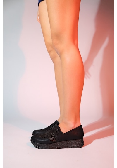 Luvishoes Purcan Siyah Simli Fileli Kalın Tabanlı Kadın Günlük Ayakkabı Siyah