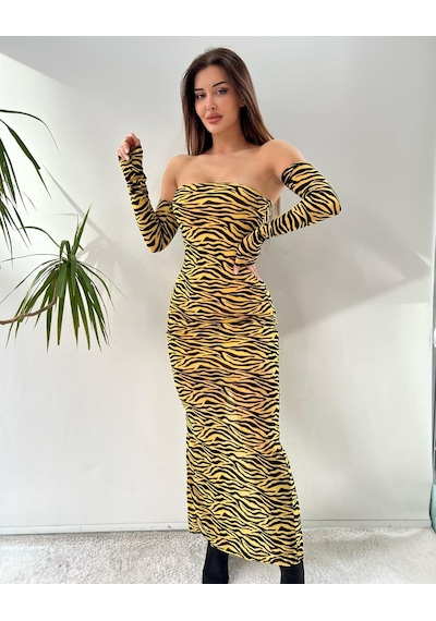 Pink Life Sarı Tül Üzeri Flog Baskılı Zebra Desenli Sarı