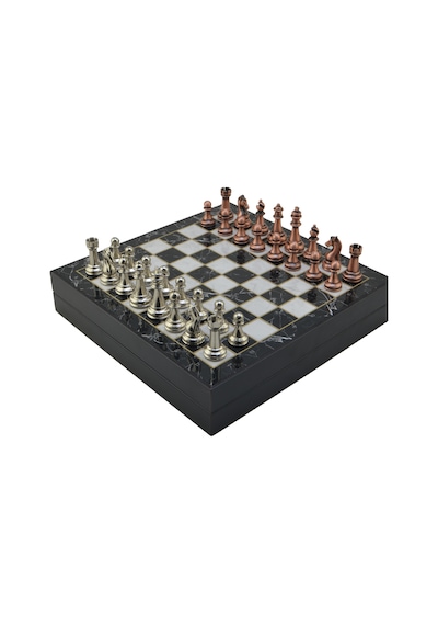 Gifthome Orta Boy Antik Metal Klasik Satranç Takımı Ve Mermer Desenli Sandıklı Mdf Tahtası 30x30x6 Cm.