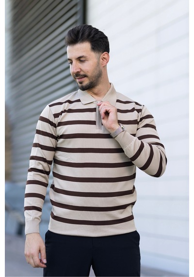 Hk Premium Kazak Fermuarlı Polo Yaka Çizgili Triko Sweatshirt Bej