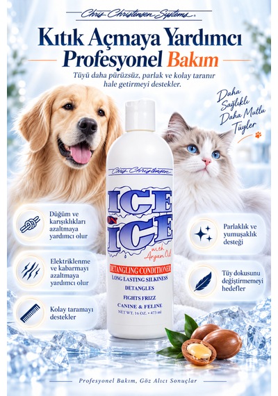 Chris Christensen Ice On Ice 8:1 Konsantre Kıtık Açıcı Kedi Köpek Tüy Kremi Kondisyoner 473 Ml