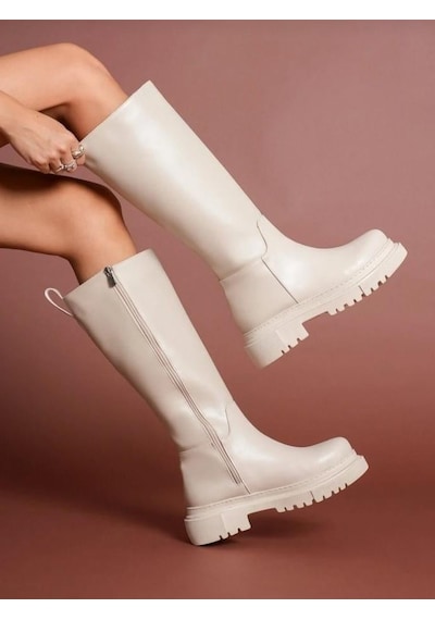Nesilshoes Nesil Shoes Toz 1978 Bej Fermuarlı Günlük Kadın Çizme