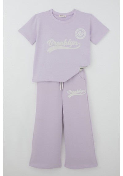 Breeze Kız Çocuk Pantolonlu Takım Brooklyn Yazı Baskılı Bağcıklı 8-14 Yaş, Açık Lila