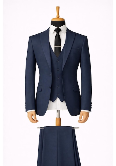 Erkek İtalyan Kesim Slim Fit Yelekli Takım Elbise - 7503 Lacivert