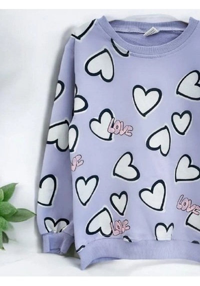 Kız Çocuk Kalp Desenli Pamuklu Sweatshirt-14301 Lila