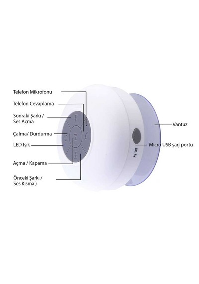 Su Geçirmez Mini Bluetooth Duş Hoparlörü Beyaz