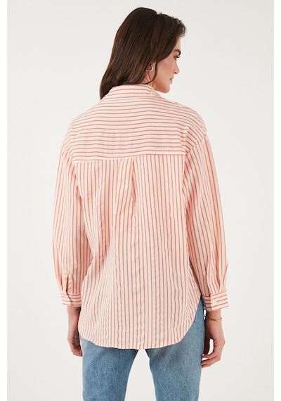Lela Regular Fit Uzun Kollu Çizgili Bayan Gömlek 6772875 Oranj