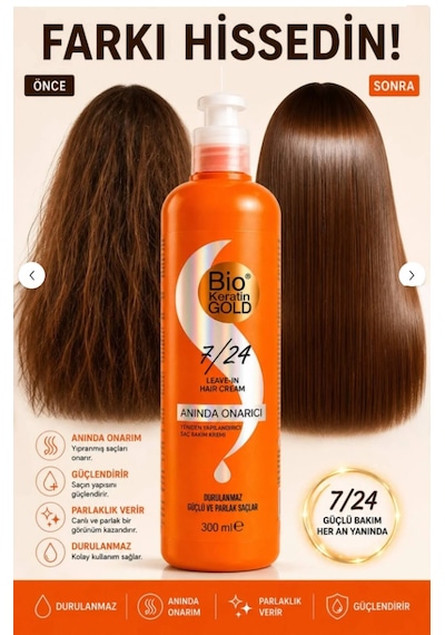 Bio Keratin Gold 7/24 Anında Onarıcı Yeniden Yapılandırıcı Saç Bakım Kremi 300ml Durulanmaz