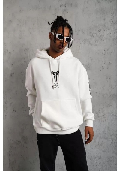 Berkek 3 İplik Pamuklu Kapüşonlu Baskılı Cepli Oversize Sweatshirt Hoodie - Eyaz Beyaz