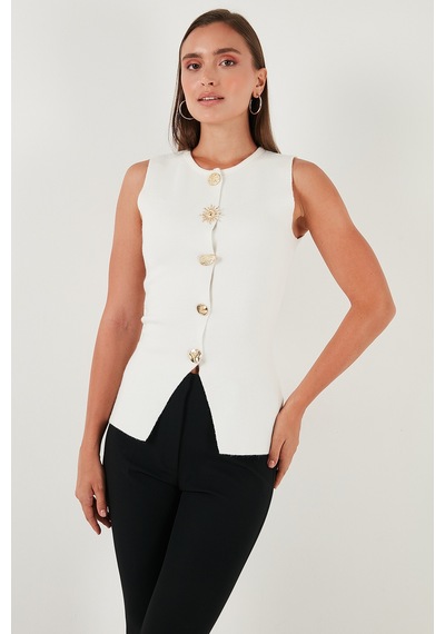 Lela Premium Regular Fit Bisiklet Yaka Düğme Detaylı Bayan Yelek 680Ye00043 Ekru