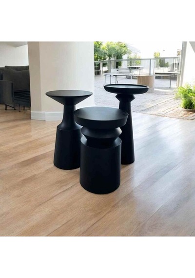 Ahşap Mantar Sehpa 3 Lü Set Siyah Masif Doğal Yan Sehpa Ve Zigon Takımı - Mushroom Coffee Table Siyah