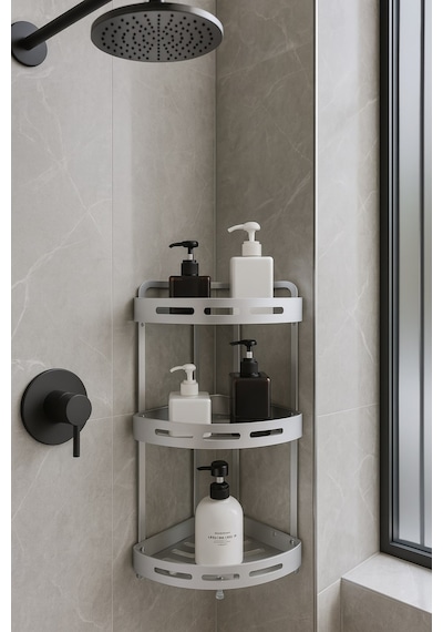 Alüminyum Paslanmaz 3 Katlı Banyo Köşe Rafı Banyo Düzenleyici Organizer Gümüş
