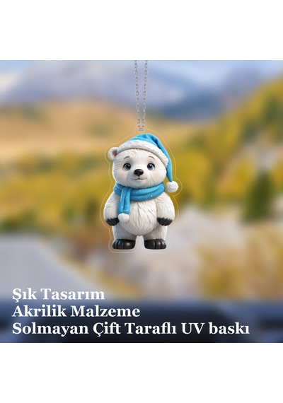 Araba Ayna Süsü, Araba Süsü, Çanta Aksesuarı - Sevimli Kutup Ayısı - Pleksi Malzeme, Uv Baskılı - 014 8x6 Cm