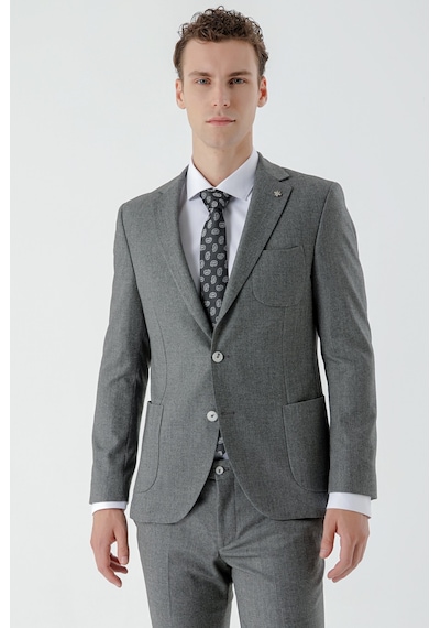 Morven Erkek Gri Poliviskon Trend Desenli Slim Fit Mono Yaka Takım Elbise Gri