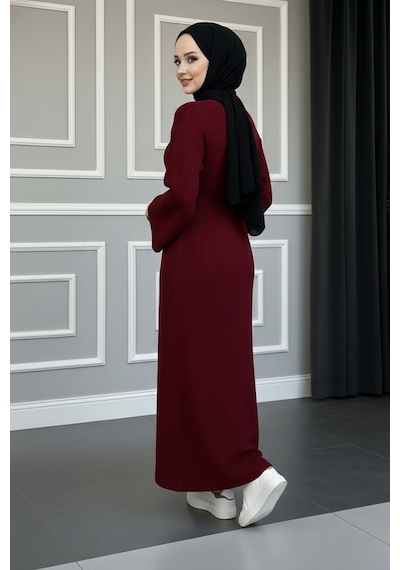 Defymoda Kadın Kırmızı Ribanalı / Fitilli Uzun Tesettürlü Kışlık Elbise - Çan Kol Detaylı Astarlı/örme Kırmızı