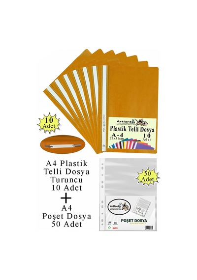 Telli Dosya Plastik A4 10 Lu Ve Poşet Dosya 50 Li 1 Paket Ekonomik Kaliteli Şeffaf Kapak Telli Dosya Okul Büro Ofis Turuncu