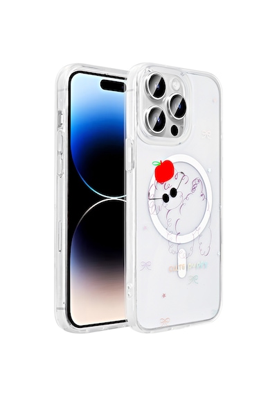 Techaks Apple Uyumlu iPhone 14 Pro Max Kılıf M-safe Şarj Özellikli Şeffaf Zore Folk Sert Kapak - Sevimli Köpek Beyaz