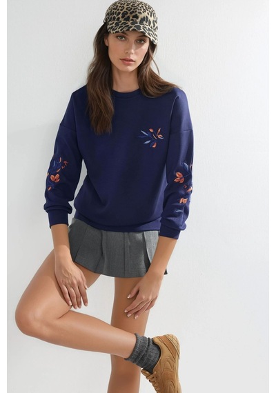 Hiccup Modal Dokulu İşlemeli Bisiklet Yaka Sweatshirt Berşan Collection Lacivert