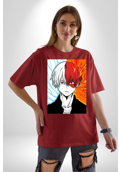 My Hero Academia Boku Anime Pamuklu Bisiklet Yaka Unisex Oversize Boyfriend Dijital Baskılı Kırmızı T-shirt Kırmızı