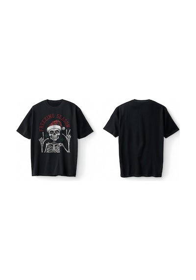 Bumeta Noel Temalı Christmas Freezing Season Oversize Unisex Tişört T-shirt Siyah