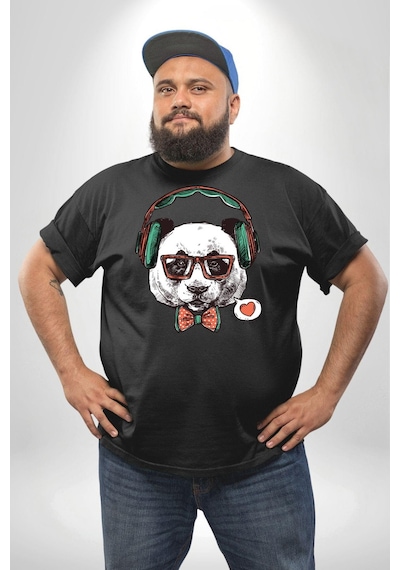 Angemiel Kulaklıklı Hipster Portre Panda Siyah Büyük Beden Erkek Kadın Unisex Basic Ön Baskılı Tişört Siyah