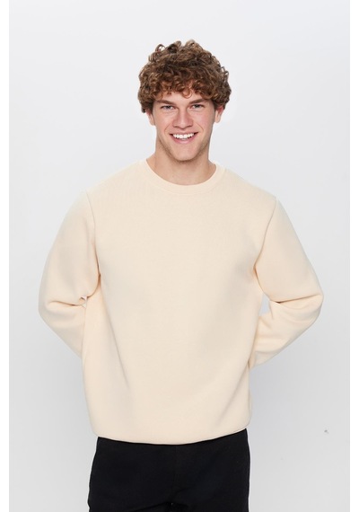 Tudors Unisex Oversize Geniş Kesim Pamuklu Yumuşak Dokulu İçi Polarlı Bej Renk Bisiklet Yaka Sweatshirt-32622 Bej