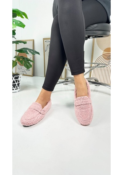 Günlük Kadın Loafer Peluş Astarlı Oval Burunlu Alçak Desenli Tabanlı Ayakkabı 375 Pudra