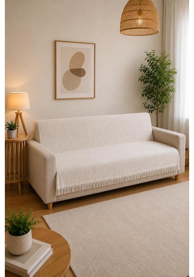 Çift Taraflı Buldan Dokuma Pamuklu Koltuk Örtüsü 170x210 Cm Çekyat Örtüsü Geometrik Desenli Koltuk Şalı - Ekru Diğer