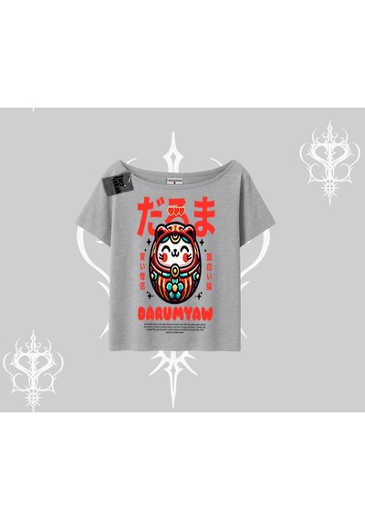 Startmore Startmore Kayık Yaka Tshirt Daruma Kedi Anime Baskılı Gri