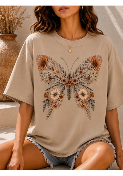 Velaura Studio Çiçekli Kelebek Kadın T-shirt Vizon