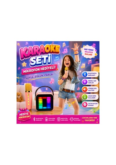 Çocuk Karaoke Seti Bluetooth Kablosuz Mikrofonlu Rgb Işıklı Taşınabilir Hoparlör Usb Tf Kart Aux Destekli Type-c Şarjlı