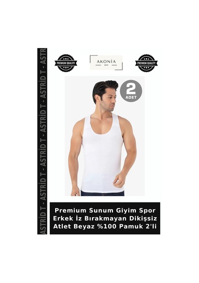 Astrid T Premium Sunum Giyim Spor Erkek İz Bırakmayan Dikişsiz Atlet Beyaz %100 Pamuk 2'li Beyaz 2