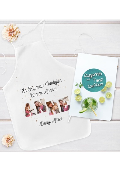 Bk Gift Kişiye Özel Fotoğraflı Ve Mesajlı Anne Tasarımlı Mutfak Önlüğü Ve Yemek Tarif Defteri Hediye Seti, Anneye Hediye, Anneler Günü Hediyeleri