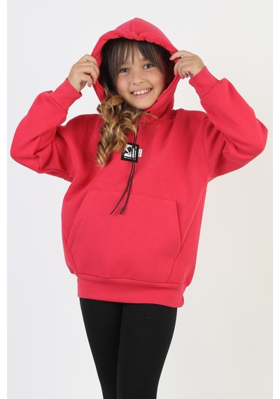 Kapüşonlu Art Baskılı Kanguru Cepli Kız Çocuk Sweatshirt-90847 Fuşya