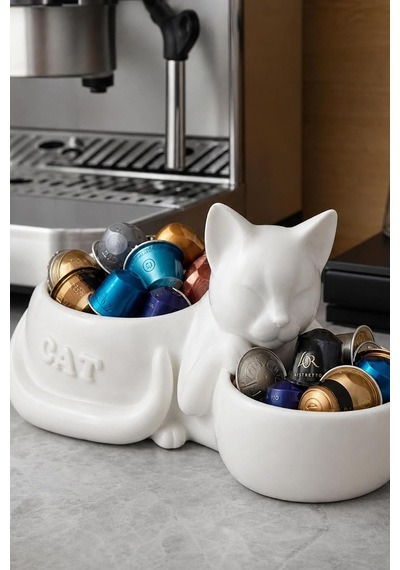 Çift Hazneli Organizer Plastik, Kedi Tasarımlı, Beyaz, Kahverengi, Siyah