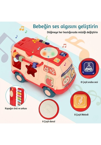 Eğitici Müzikli Aktivite Otobüsü - Ksilofonlu Şekil Eşleştirme Bul-tak Bebek Oyuncağı