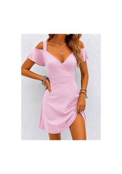 Butik İstanbul Kadın Omuzlardan Acık Askılı V Yakalı Kısa Modal Elbise Pembe