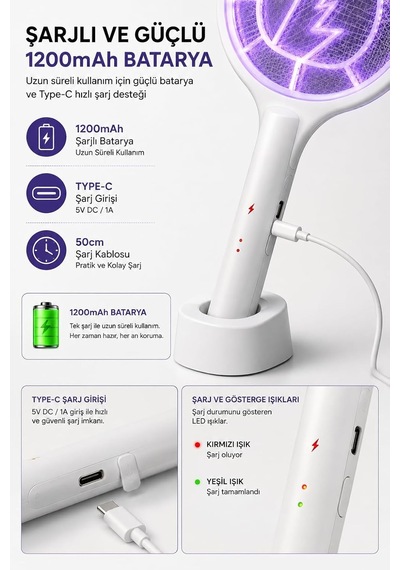 Elektrikli Sinek Öldürücü Raket 3500-3700v, 1200 Mah, Type-c Şarjlı