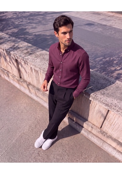 Butik İstanbul Erkek Standart Kesim Gabardin Kumaş Uzun Kollu Gömlek Bordo