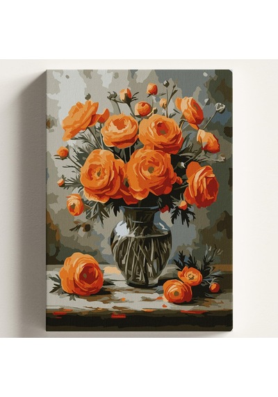 Sayılarla Boyama Tuval Hobi Seti Turuncu Gülller Temalı Fırça Ve Boya Dahil Set Çıtalı 40x50 Cm Kendin Yap Say