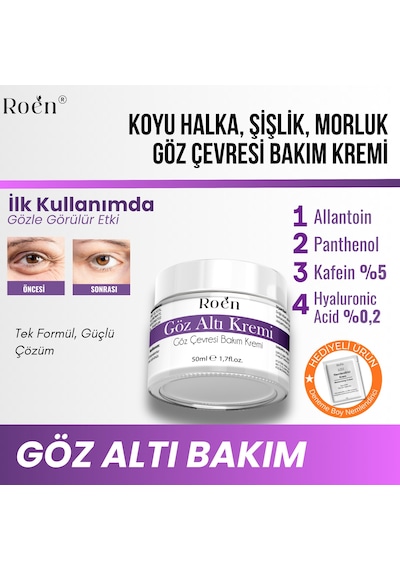 Roen Göz Altı Morluk Kremi Kafein %5 Hyaluronic Acid %0,2 Koyu Halka Şişlik ve Bakım Kremi 50 ML