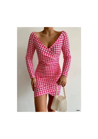 Angbutik Kadın Modern Tasarım V Yaka Standart Kol Elbise Pembe