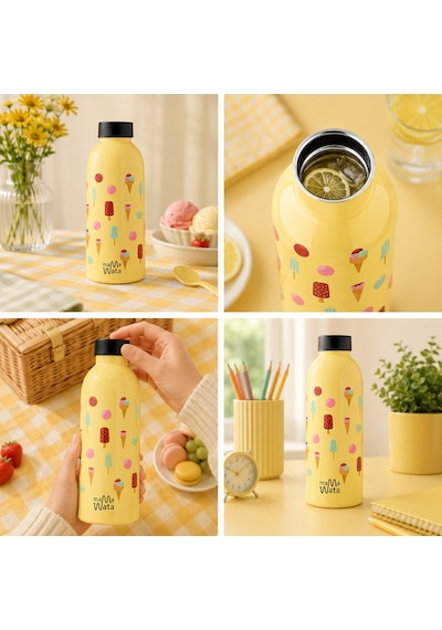 Mamawata Ice Cream Paslanmaz Çelik Termos Matara 470 Ml Sızdırmaz Yalıtımlı Suluk Sarı