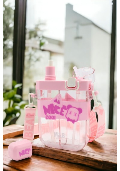 Çift Bölmeli Nice Cool Matara Pembe, Çift Kapaklı, Pipetli Suluk